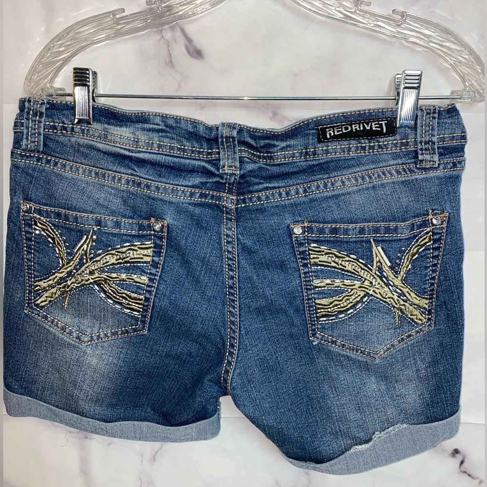 Red Rivet Denim Distressed Jean Shorts Size 11 Gems & Embroidery
